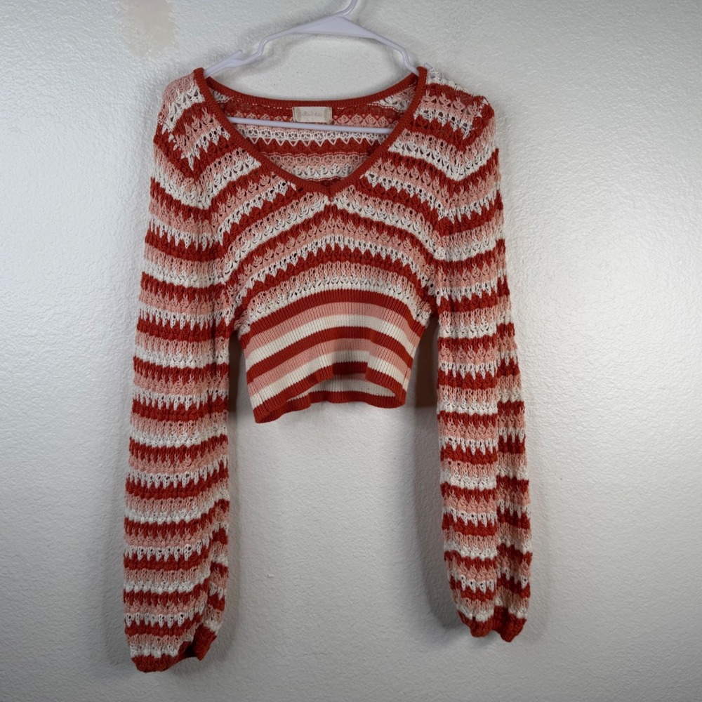 Altar'D State Sweater Size S Peach Ivory Striped Crochet Cropped Balloon Sleeves
